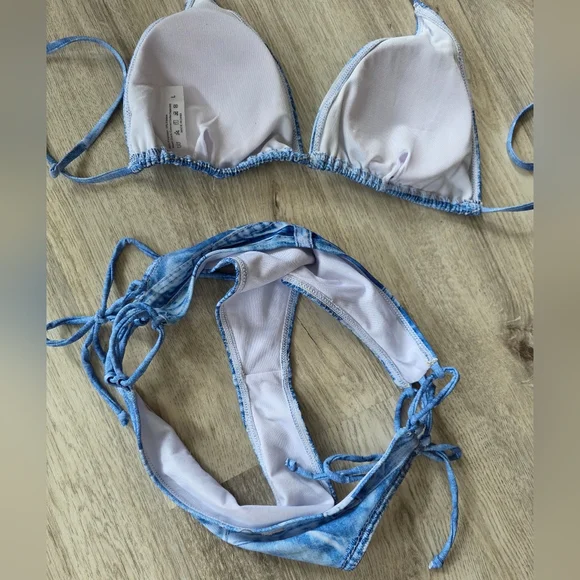 Denim Jean Look Triangle String, Lace up sides Bikini Large - Picture 10 of 10